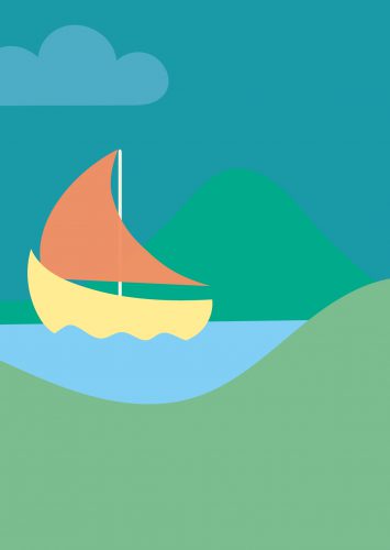 Back page of birth card: illustration of a sail boat on a river between the mountains